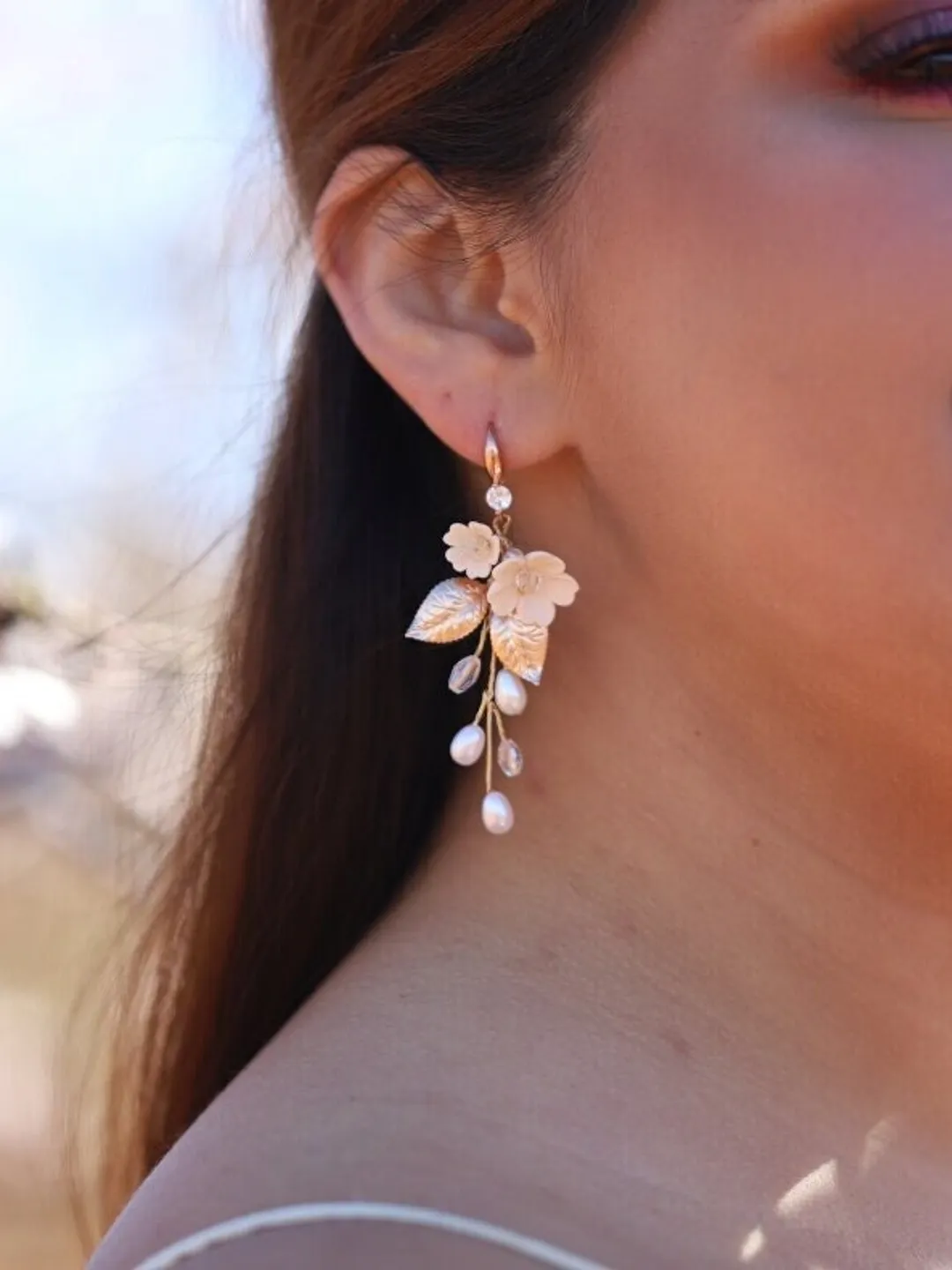 Champagne Gold Porcelain Flower Wedding Earrings, Pearl Statement Floral Wedding Earrings, Swarovski Crystal Bridal Earrings, Boho Jewelry
