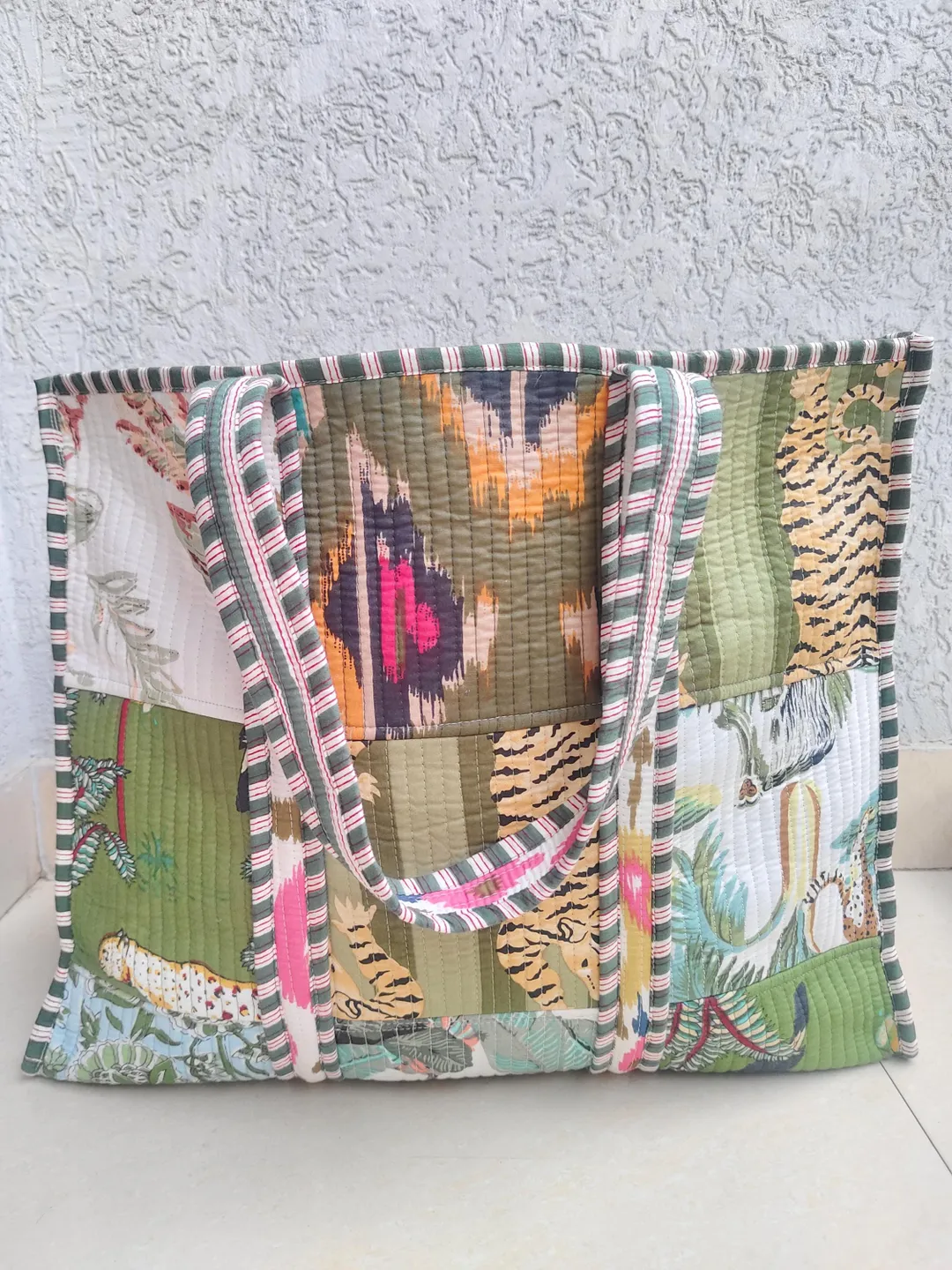 Bohemian Quilted Tote Bag, Colorful Block Print Cotton 