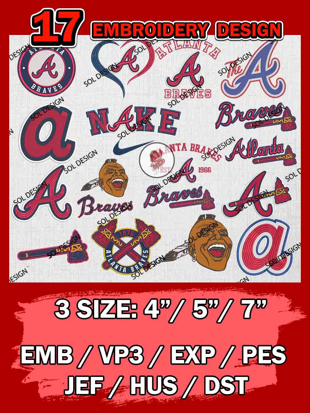 17 Atlanta Braves Bundle Embroidery Files, MLB Atlanta Braves Team Bundle Embroidery Designs, MLB Teams, League Baseball Team, 3 sizes, MLB Braves Machine Embroidery, Digital Download
