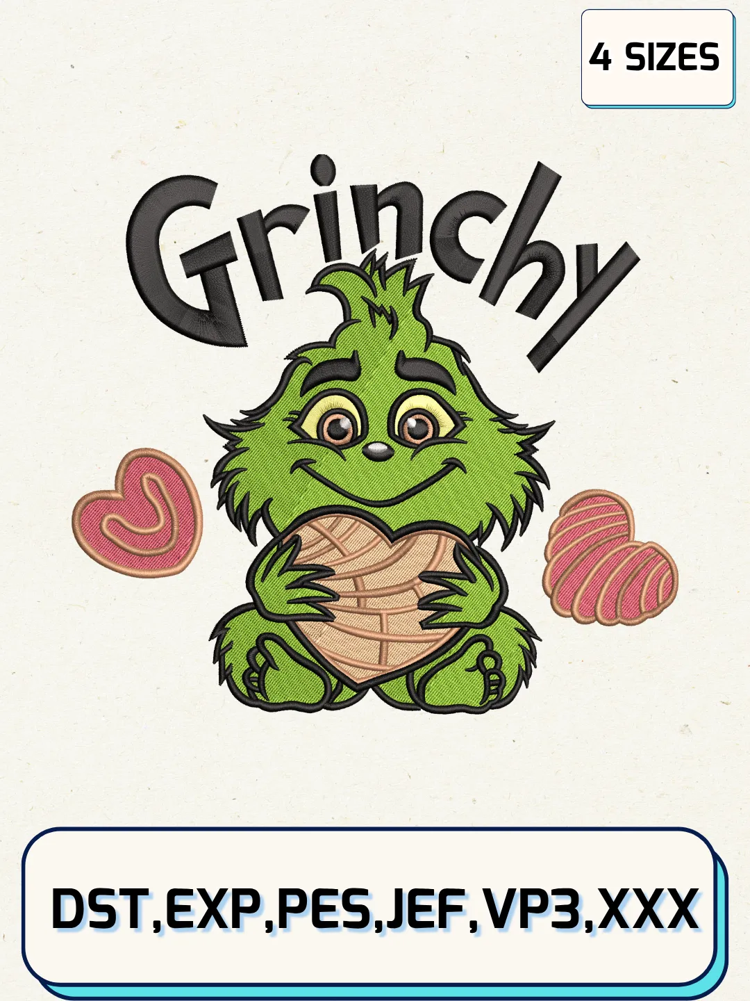Grinchy Pan Dulce Concha Embroidery Design,Christmas Embroidery Designs,Machine Embroidery Files,Baby Grinch Embroidery Design,4 Sizes