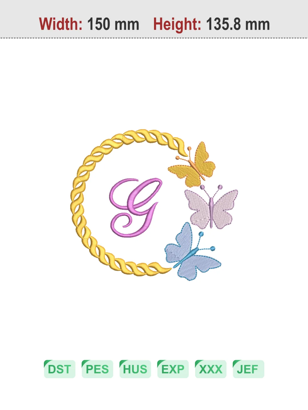 Butterfly Wreath Letter G Machine Embroidery Design
