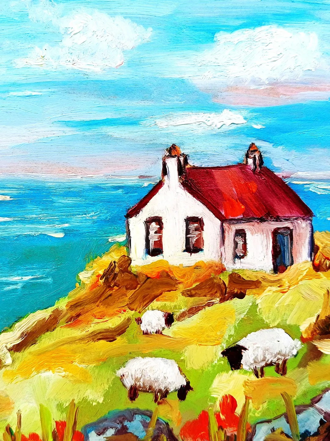 Ireland Painting Irish Cottage Original Art Sheeps Painting Landscape Impasto Oil Painting Farm Small Impressionist Art by ArtProkopaloSv