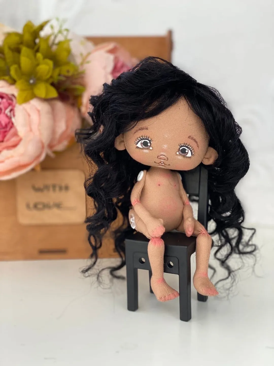 Rag doll 6,6", doll, textile doll, rag doll fabric, rag doll girl, rag doll mini black hair a doll with black hair doll with dark skin