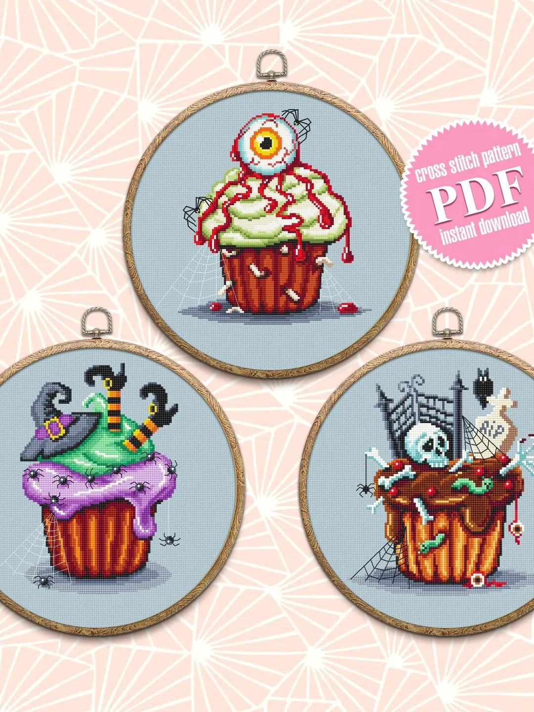 Halloween cupcake cross stitch pattern PDF download Sweet food cross stitch chart Halloween dessert pattern digital PDF Happy Halloween #S50