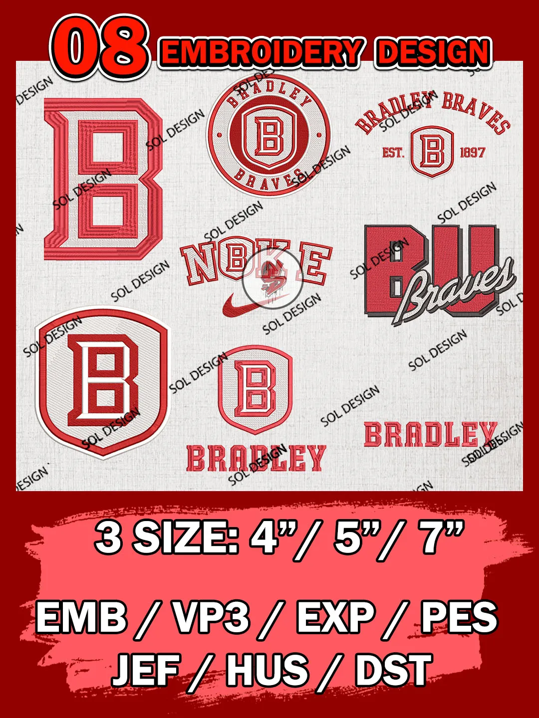 8 NCAA Bradley Braves Bundle Embroidery Files, NCAA Bradley Braves Team Bundle Embroidery Designs, NCAA Teams, National College Football Team 3 sizes, NCAA Bradley Machine Embroidery, Digital Download