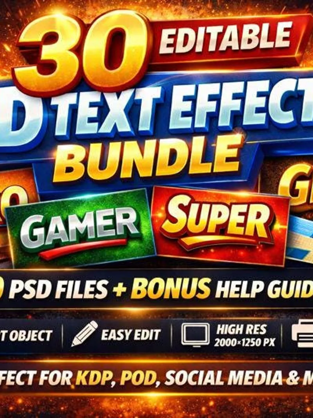 30 Editable 3D Text Effect Bundle | PSD Smart Object Text Styles | High ...