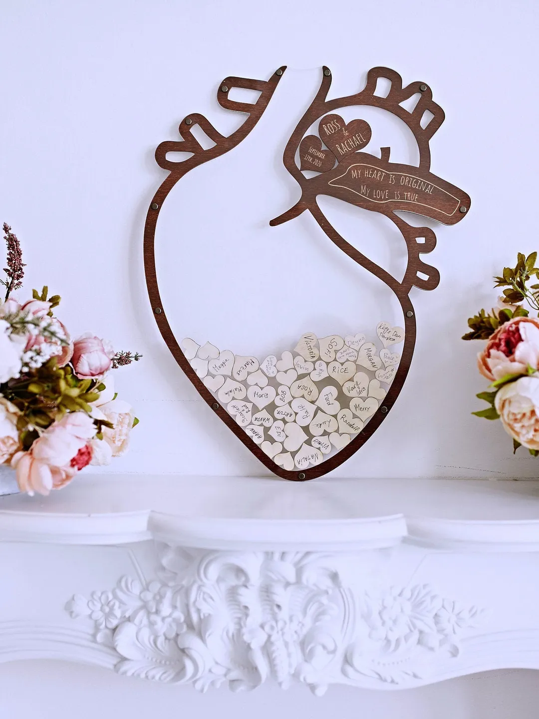 Unique Wedding Guest Book Alternative, Anatomical Heart Design, Anniversary Wooden Guest Book