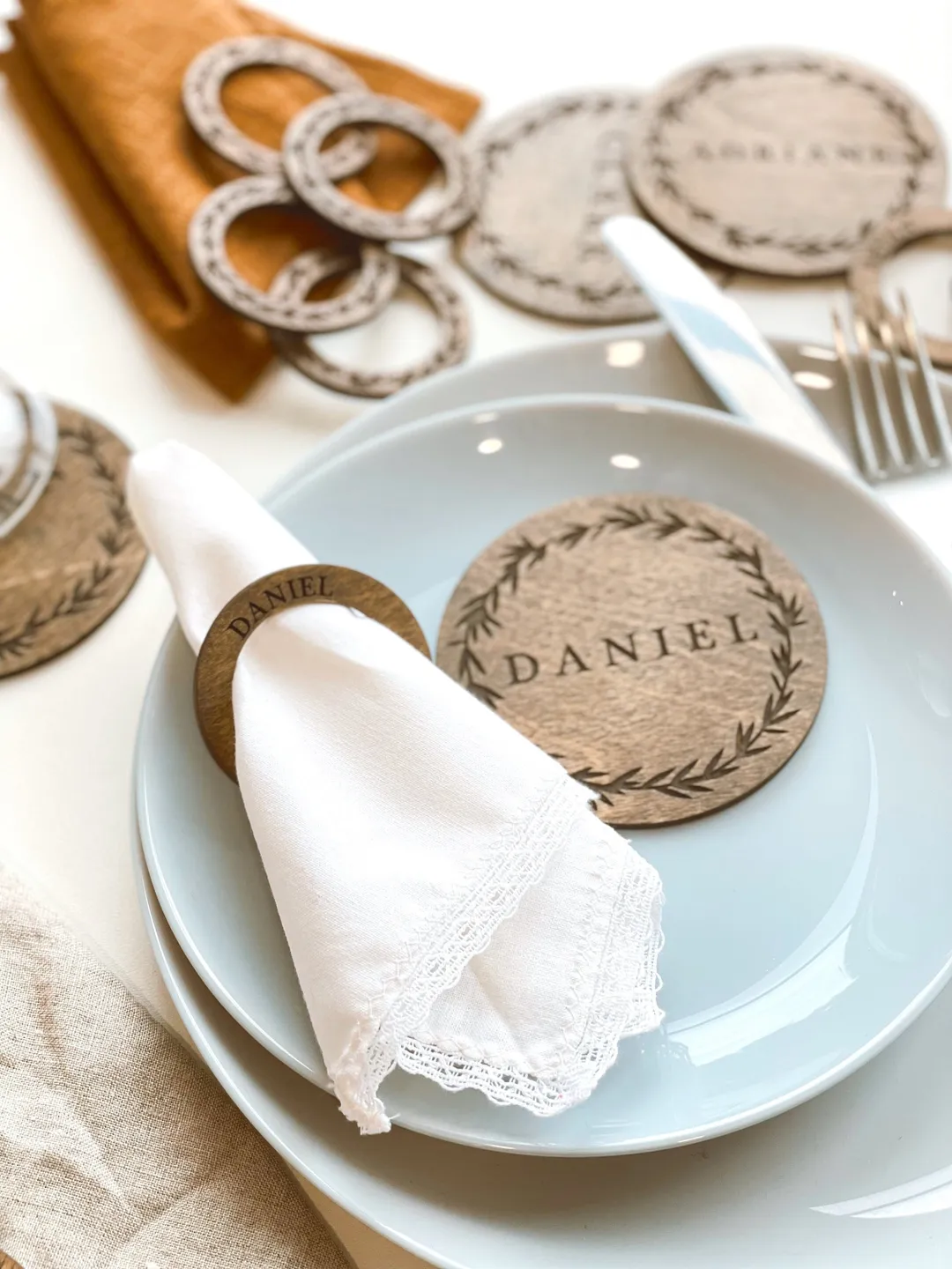 Set of Wooden Decor for Wedding Table, Personalized Coasters and Custom Name Napkin Rings Set