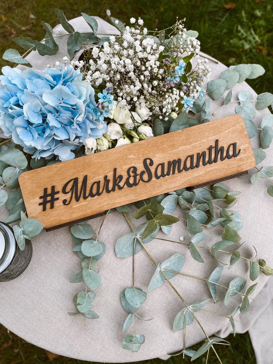 Custom Wedding Hashtag Sign, Personalized Wooden Sign with Stand, Engagement Hashtag