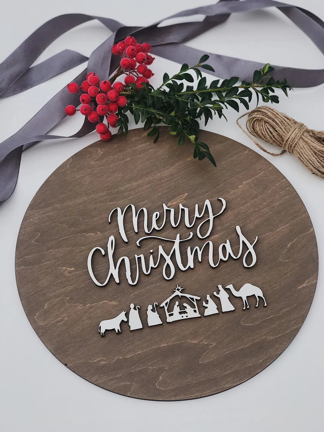 Merry Christmas Door & Wall Sign, Nativity Scene, Front Porch Winter Decor