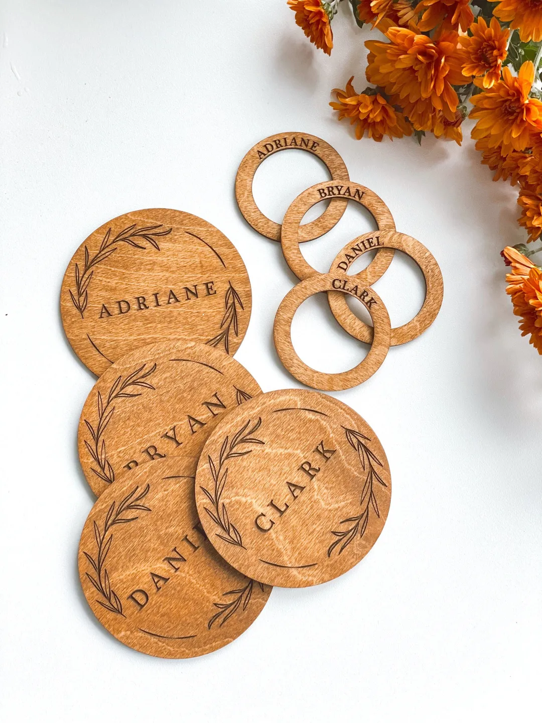 Party Set of Coasters and Rings, Thanksgiving Table Décor & Place Cards, Personalized Wedding Favors