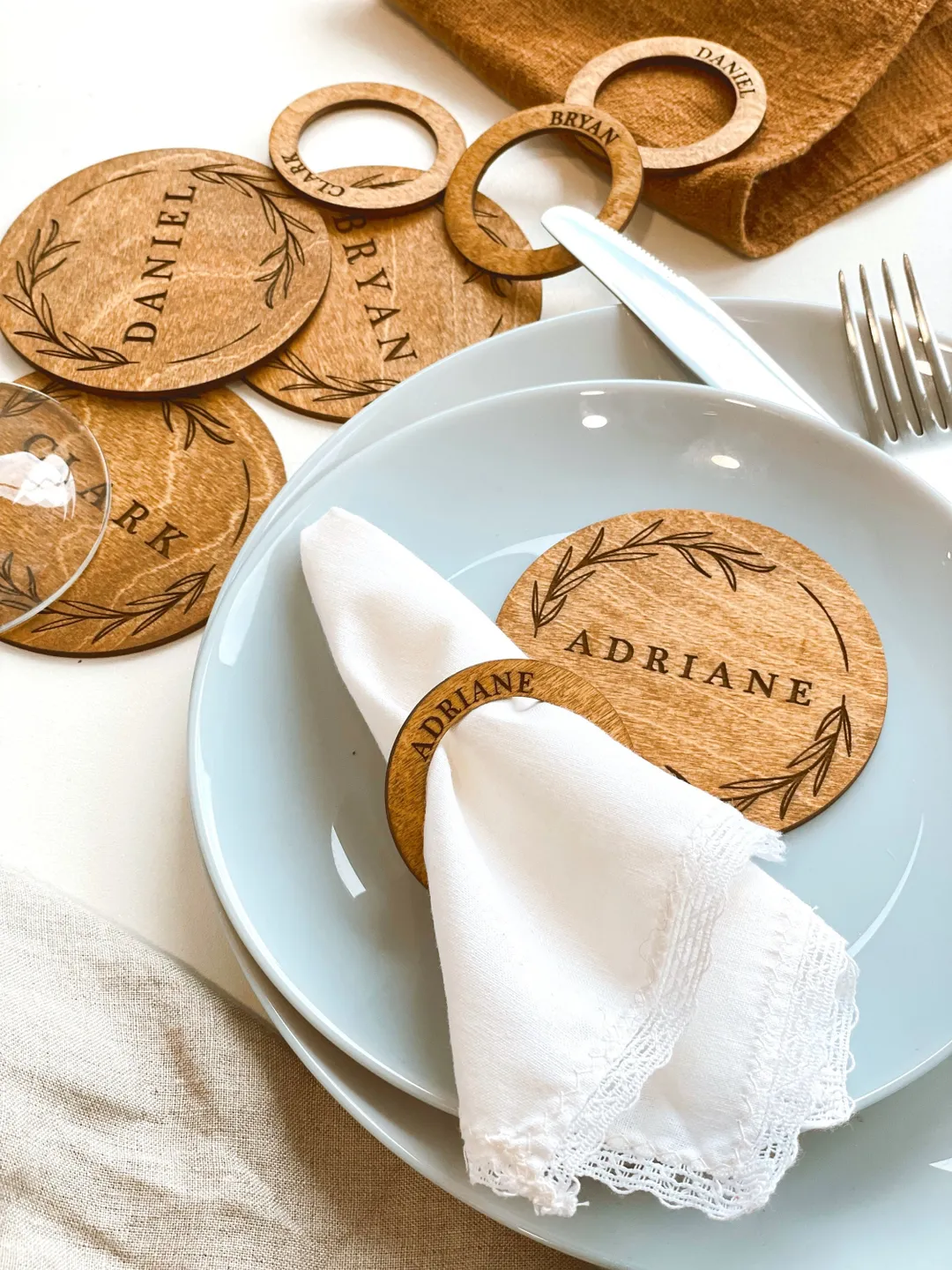 Set of Custom Coasters and Engraved Napkin Rings, Personalized Wedding Favors for Guests in Bulk