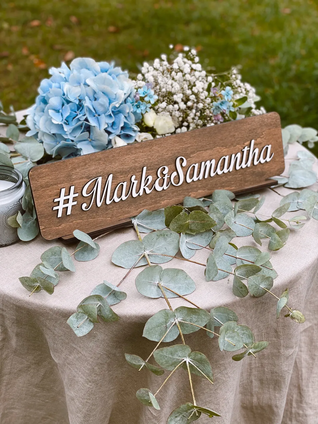 Custom Wedding Sign, Personalized Wooden Hashtag with Stand, Modern Wedding Decor