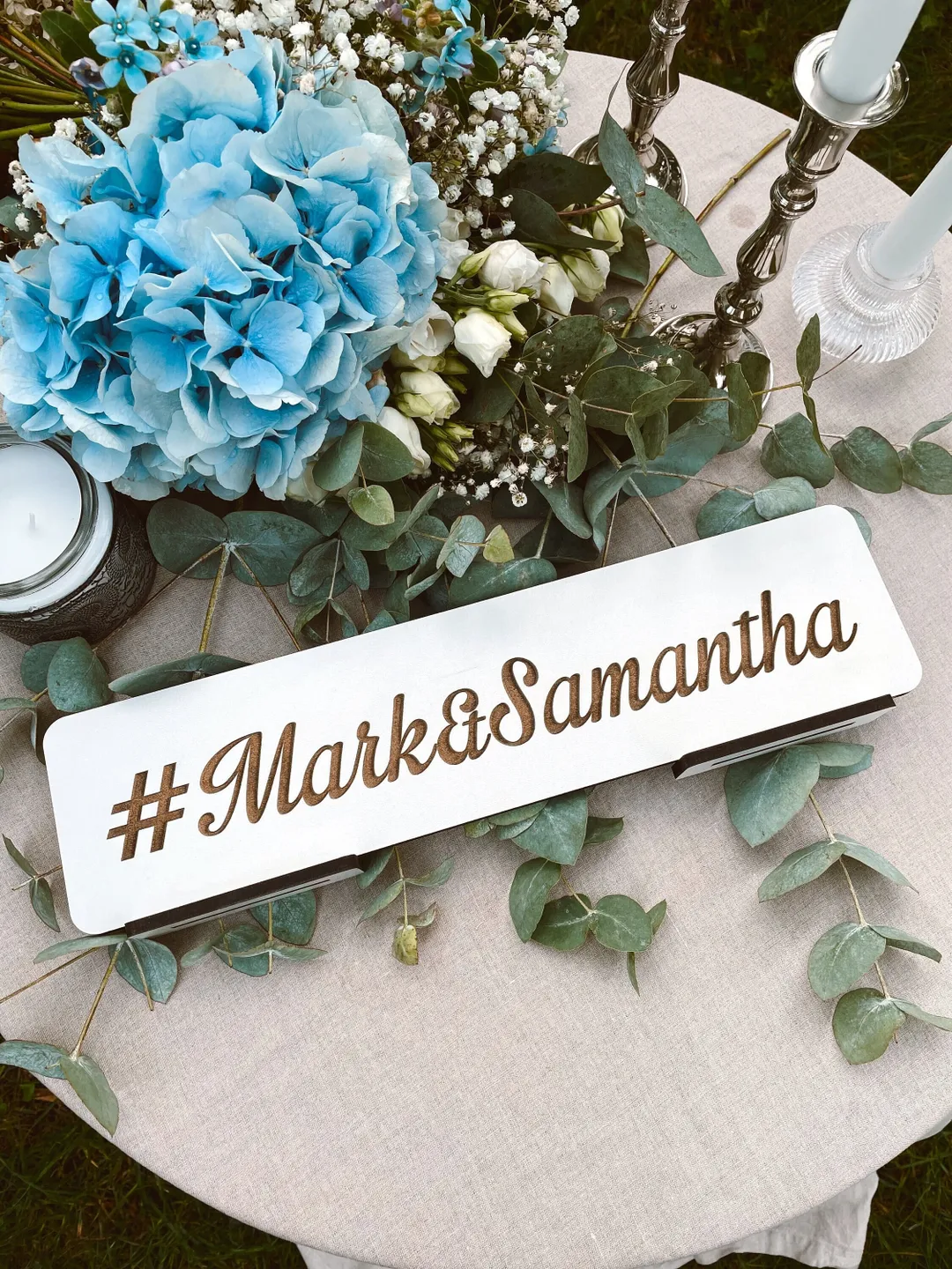 Custom Wedding Hashtag Sign, Personalized Wooden Sign with Stand, Engagement Hashtag