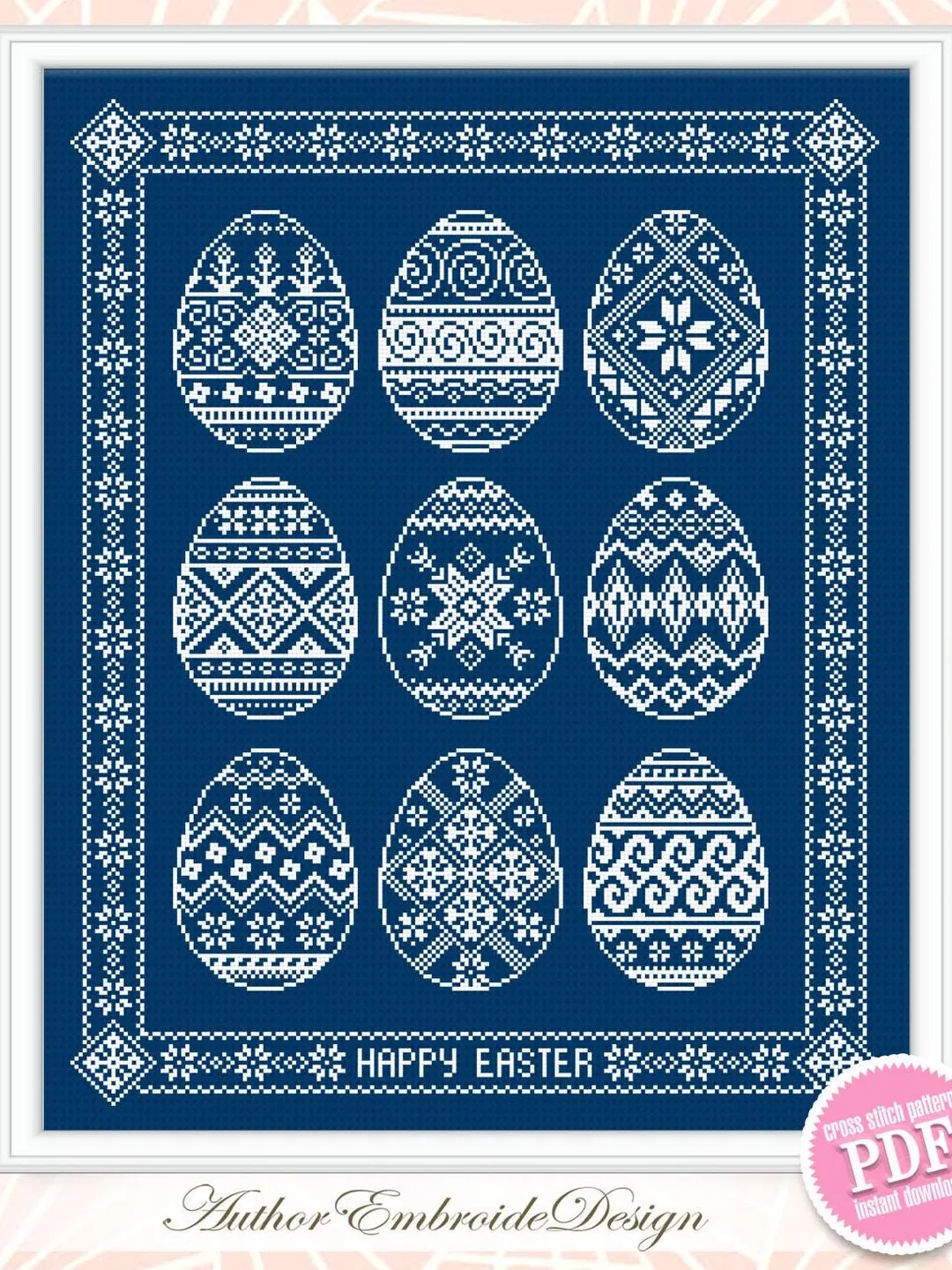 Easter eggs cross stitch pattern PDF download Monochrome sampler cross stitch chart, Easter pattern digital PDF, Egg ornament folk #T43