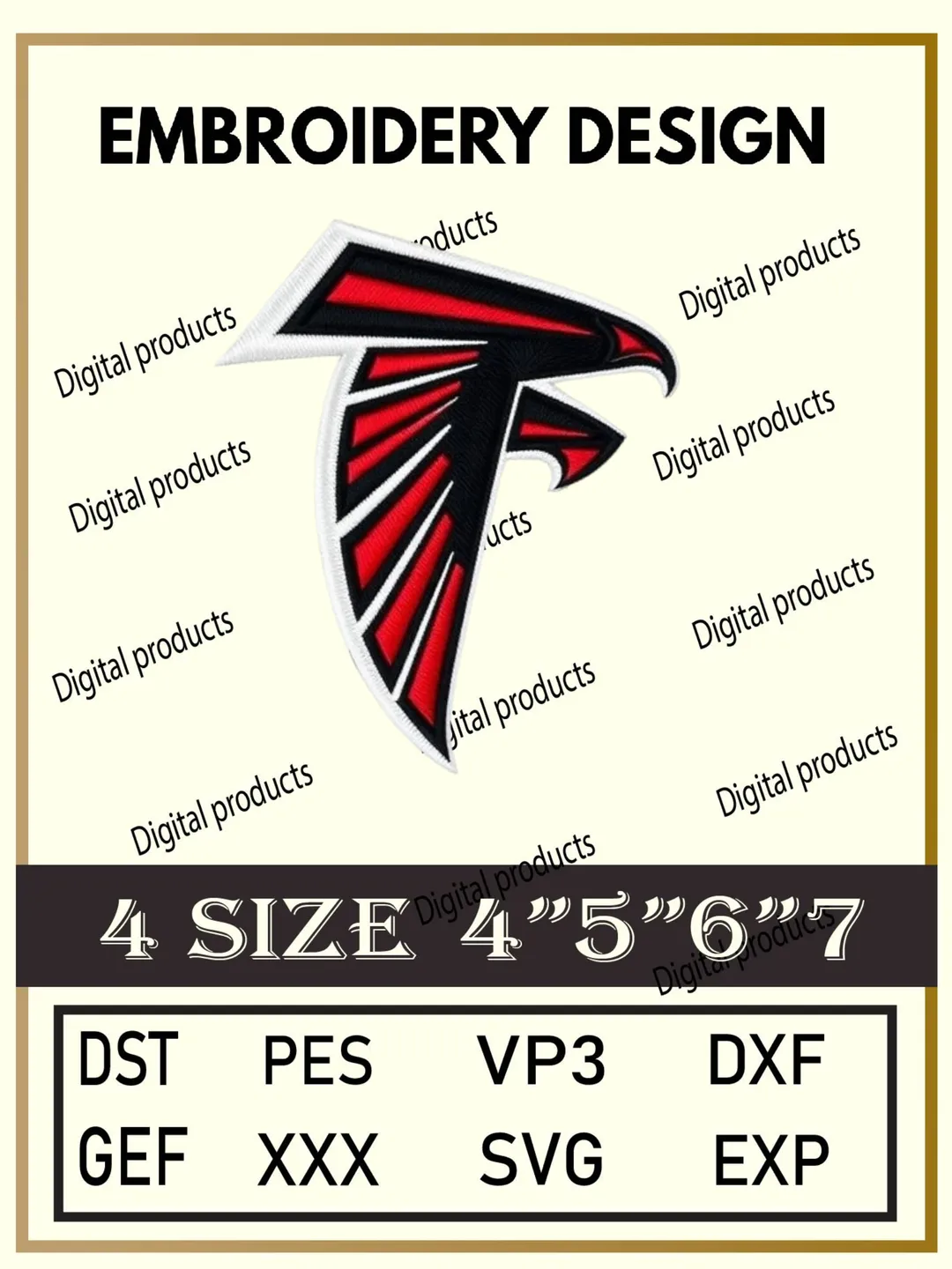 Atlanta Falcons Embroidery Design Digital Logo Pattern with Stylized Falcon in Black, Red, and White for Machine Embroidery Projects in Four Sizes with Multiple Compatible Formats Including DST, PES, VP3, DXF, GEF, XXX, SVG, EXP Download