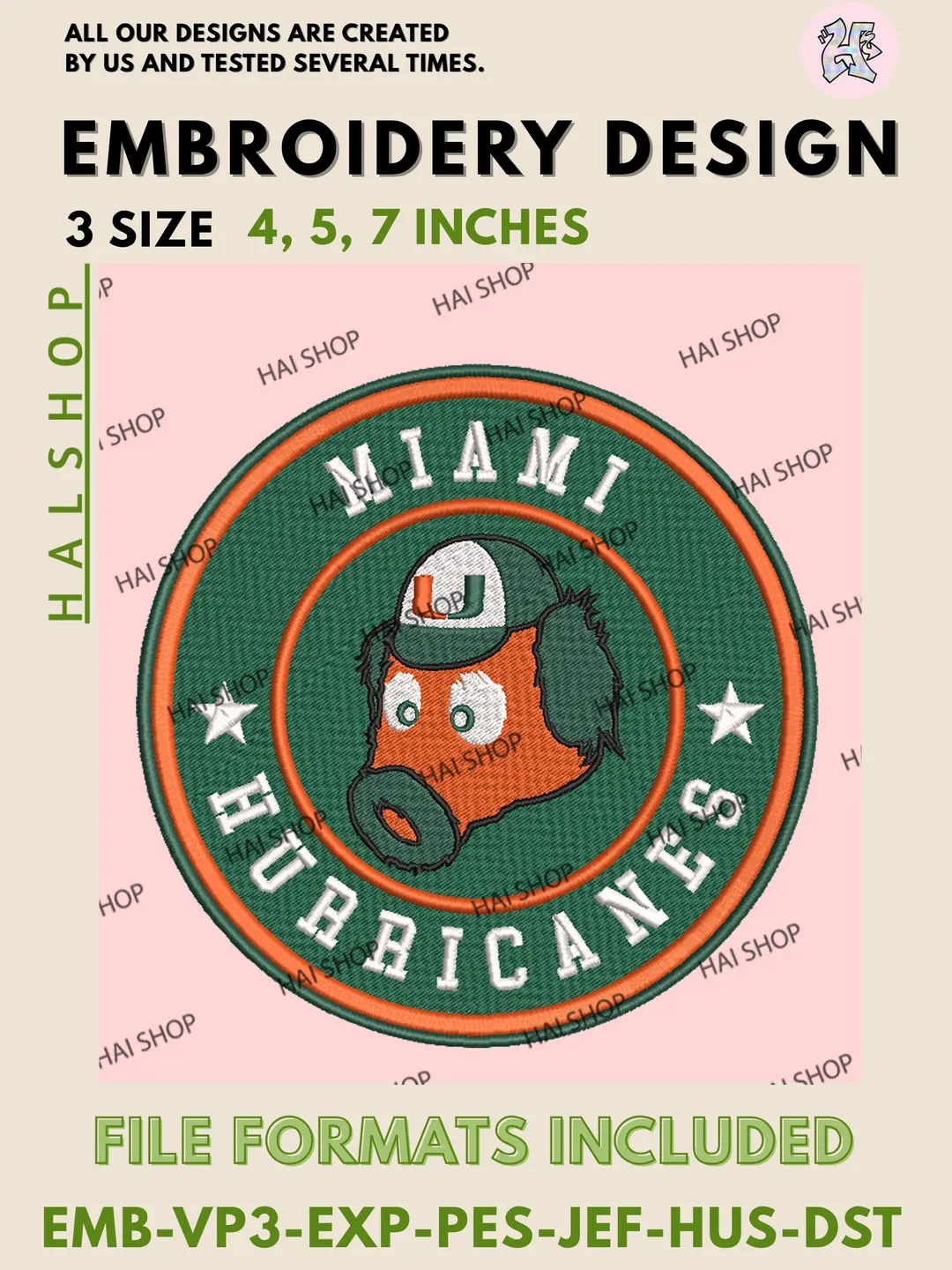 NCAA Miami Hurricanes Team Logo Embroidery Design, Hurricanes Mascot Machine Embroidery, NCAA Designs File
