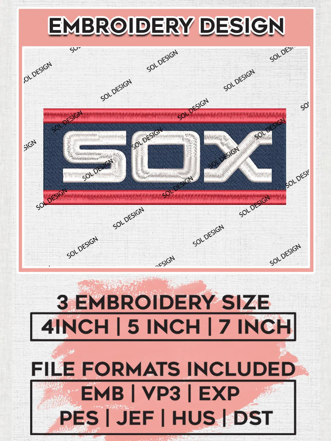 MLB Sox Word Logo Embroidery Files, MLB Chicago White Sox Team Embroidery, NCAA Teams, 3 sizes, Machine embroidery designs, Digital Download