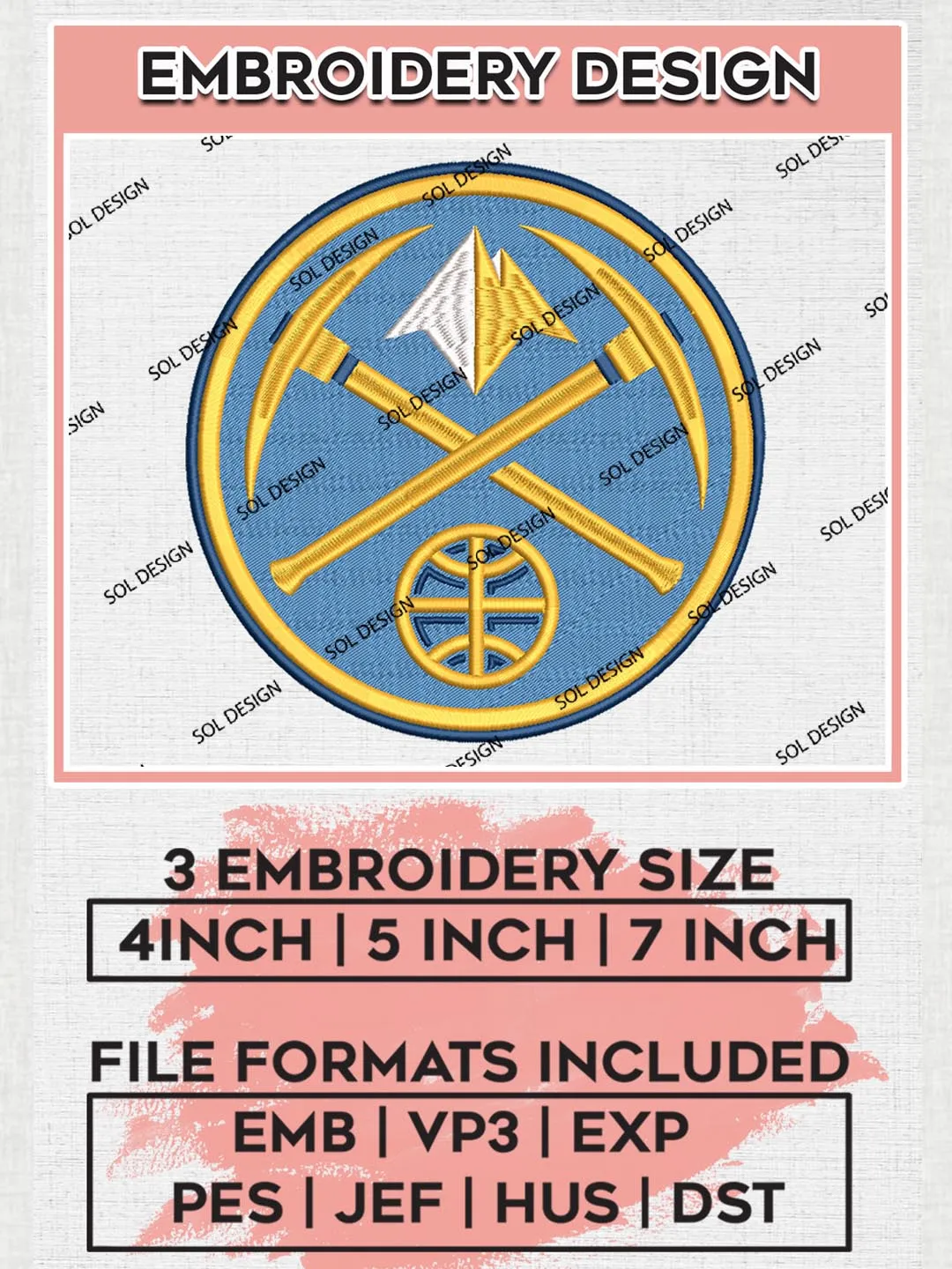 Denver Nuggets Embroidery Design Files, NBA Embroidery Files, NBA Denver Nuggets Machine Embroidery Design, Digital Download