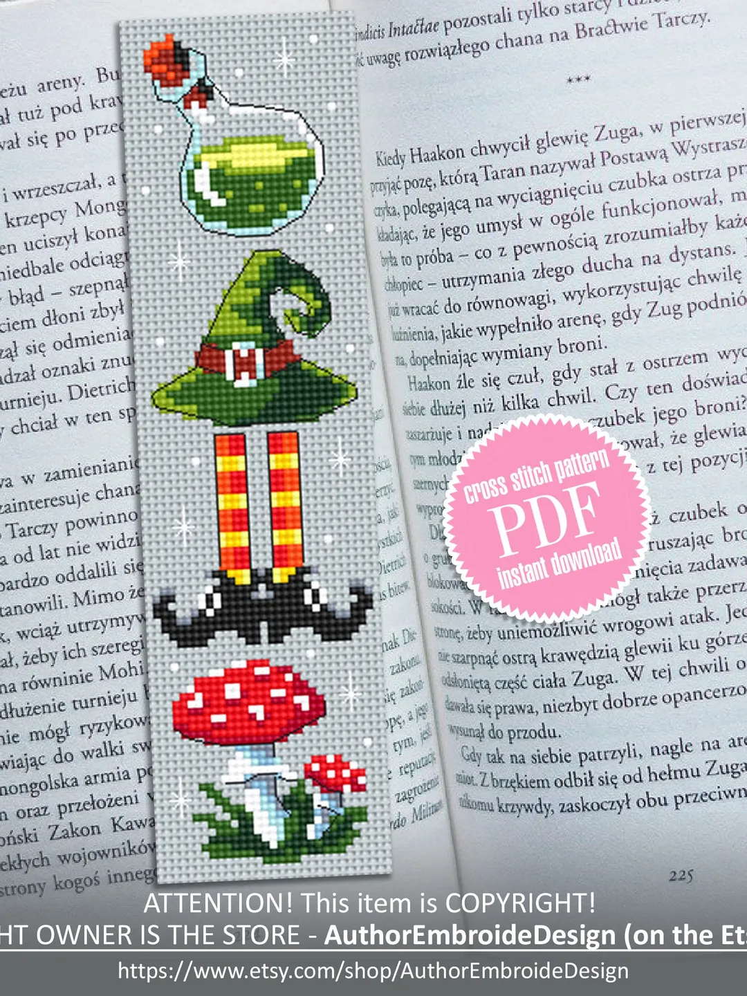 Halloween bookmark cross stitch pattern PDF download Witch cross stitch chart, Handmade bookmark pattern digital, Witch hat, Mushroom #B218