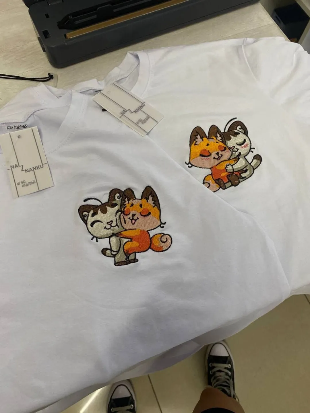 Embroidered Sticker Cat and Fox Hoodies Couple Animal Sweatshirts Cartoon Matching Tshirts Anniversary Gift for Her and Him