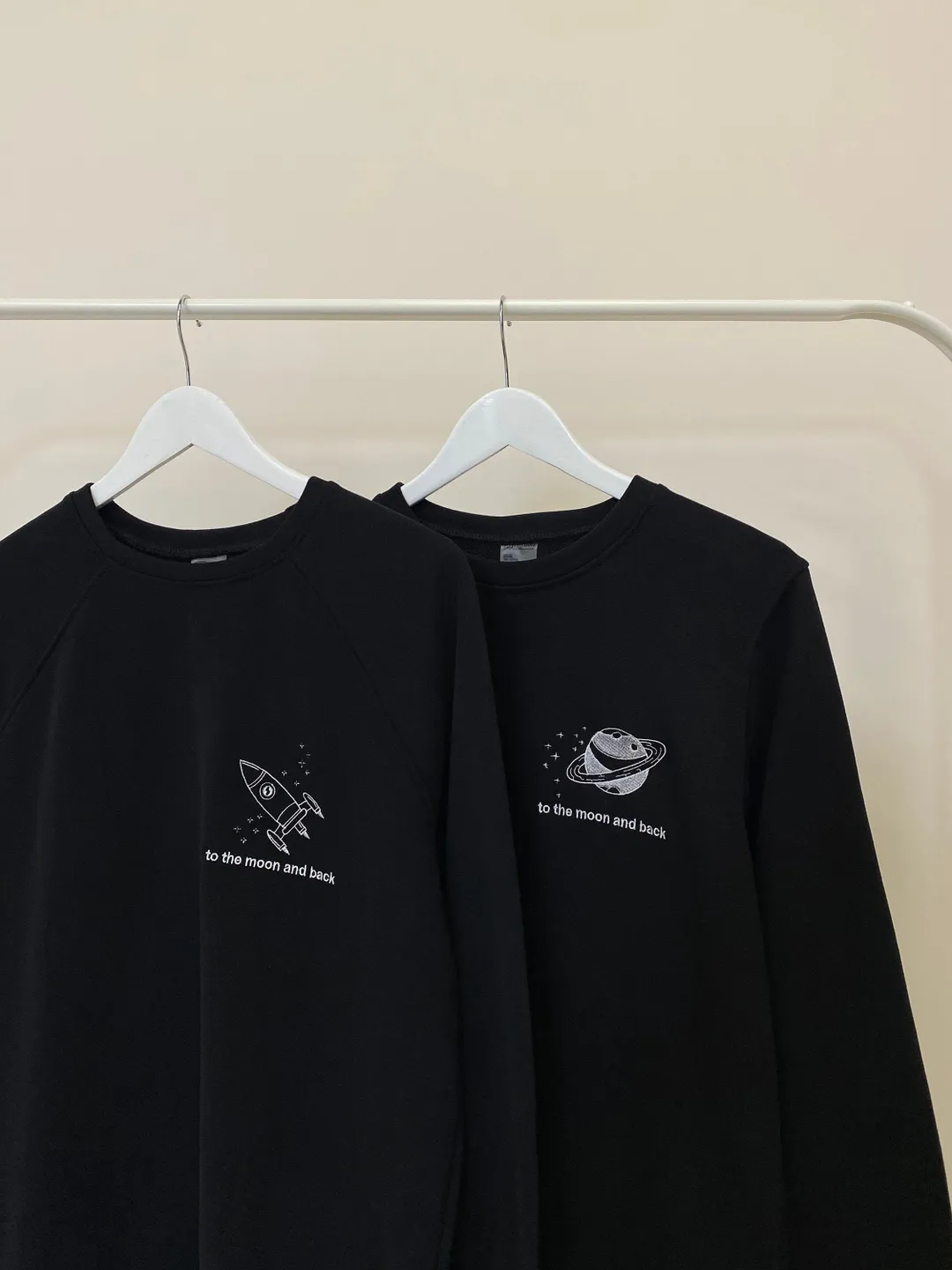 Aesthetic Couple Embroidered Space Rocket and Moon Hoodies Sweatshirts Tshirts Gift for Her and Him