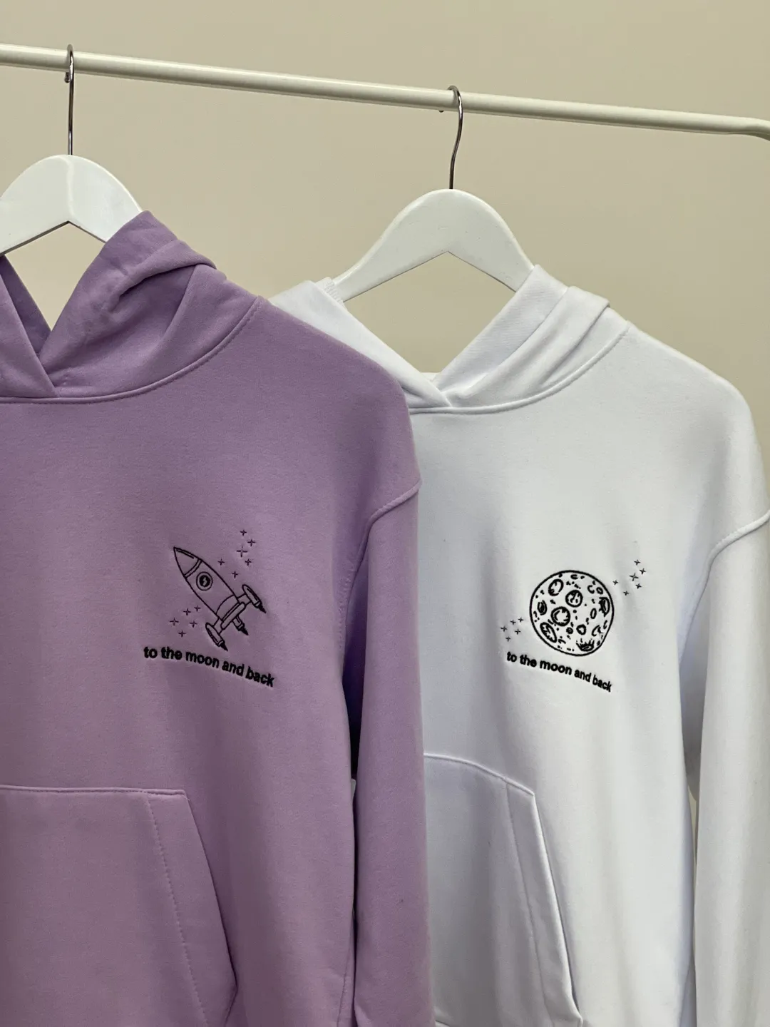 Couple Embroidered Space Rocket and Moon Hoodies Crewneck Sweatshirts Matching Tshirts Anniversary Gift for Her and Him