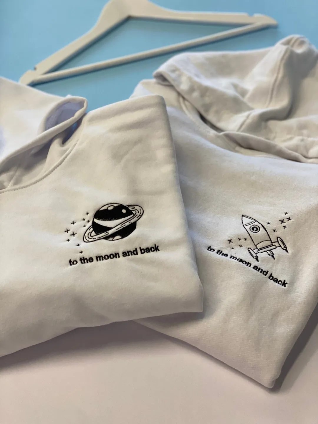 Embroidered Space Rocket and Moon Hoodies Couple Sweatshirts Tshirts Gift for Her and Him