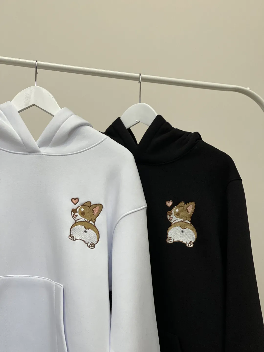 Couple Embroidered Korgi Hoodies Matching T-shirts Cartoon Dog Lover Sweatshirts for Christmas Gift