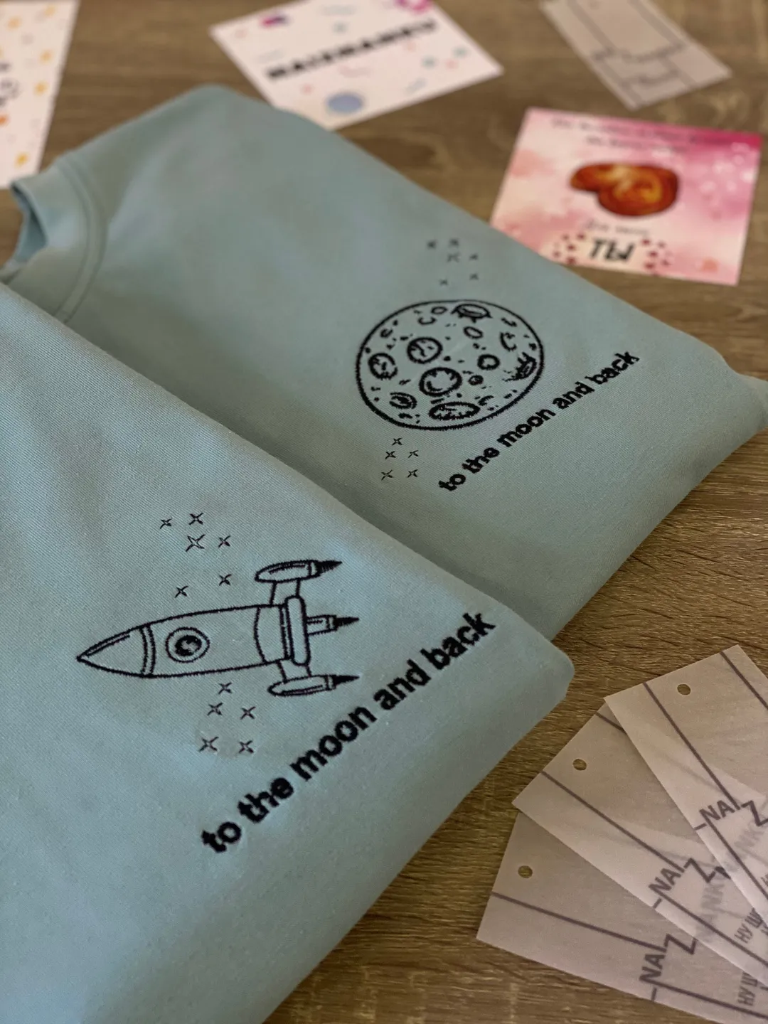 Couple Blue Embroidered Space Rocket and Moon Hoodies Sweatshirts Gift for Her and Him