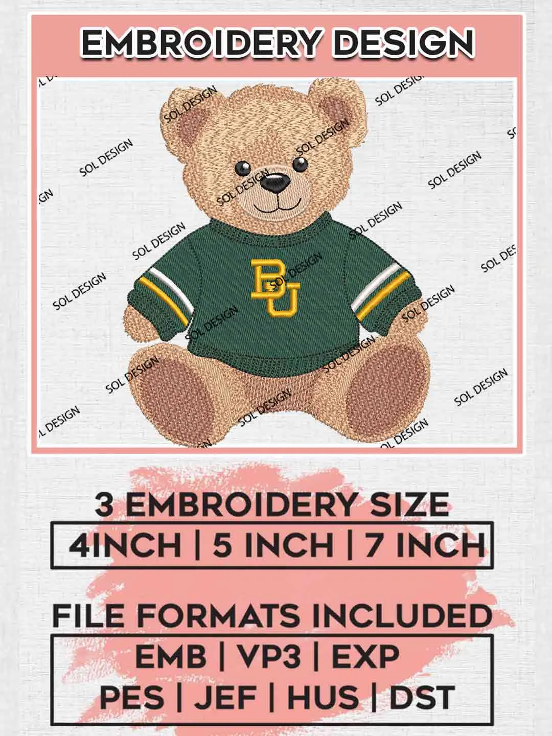 Baylor Bear Teddy Bear Embroidery Designs, Football Embroidery files, Sport Machine embroidery designs, Instant Download