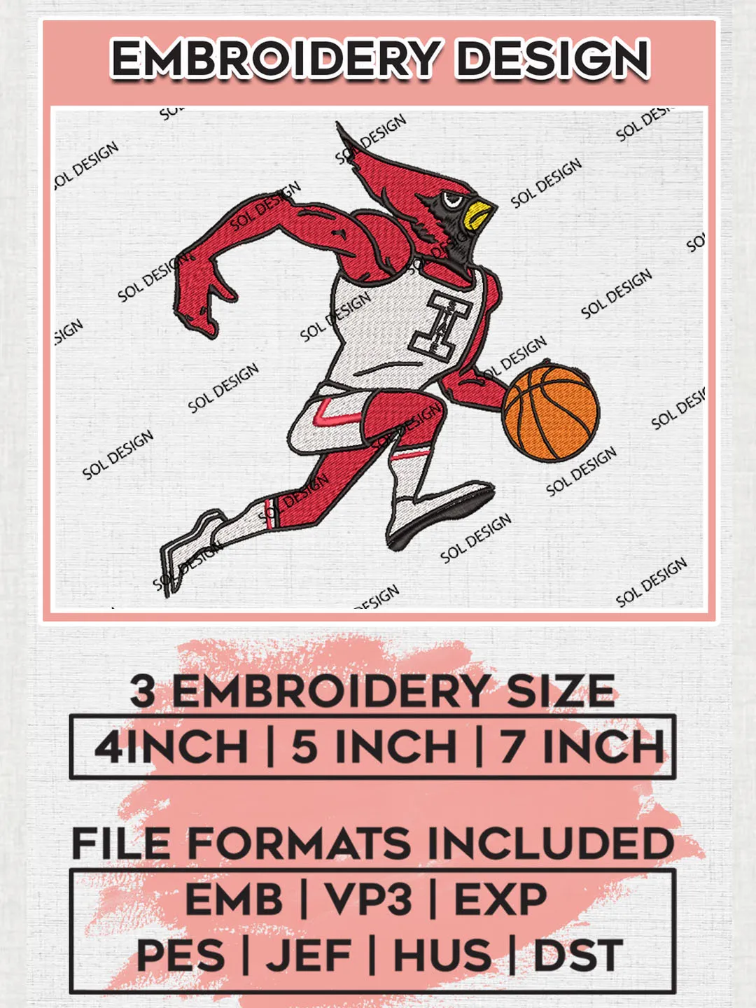NCAA Illinois State Redbirds Basketball Team Mascot Logo embroidery designs, NCAA Illinois State Redbirds Logo Machine embroidery files, NCAA Team Logo embroidery designs, NCAA Game Day Machine embroidery designs, Digital Download
