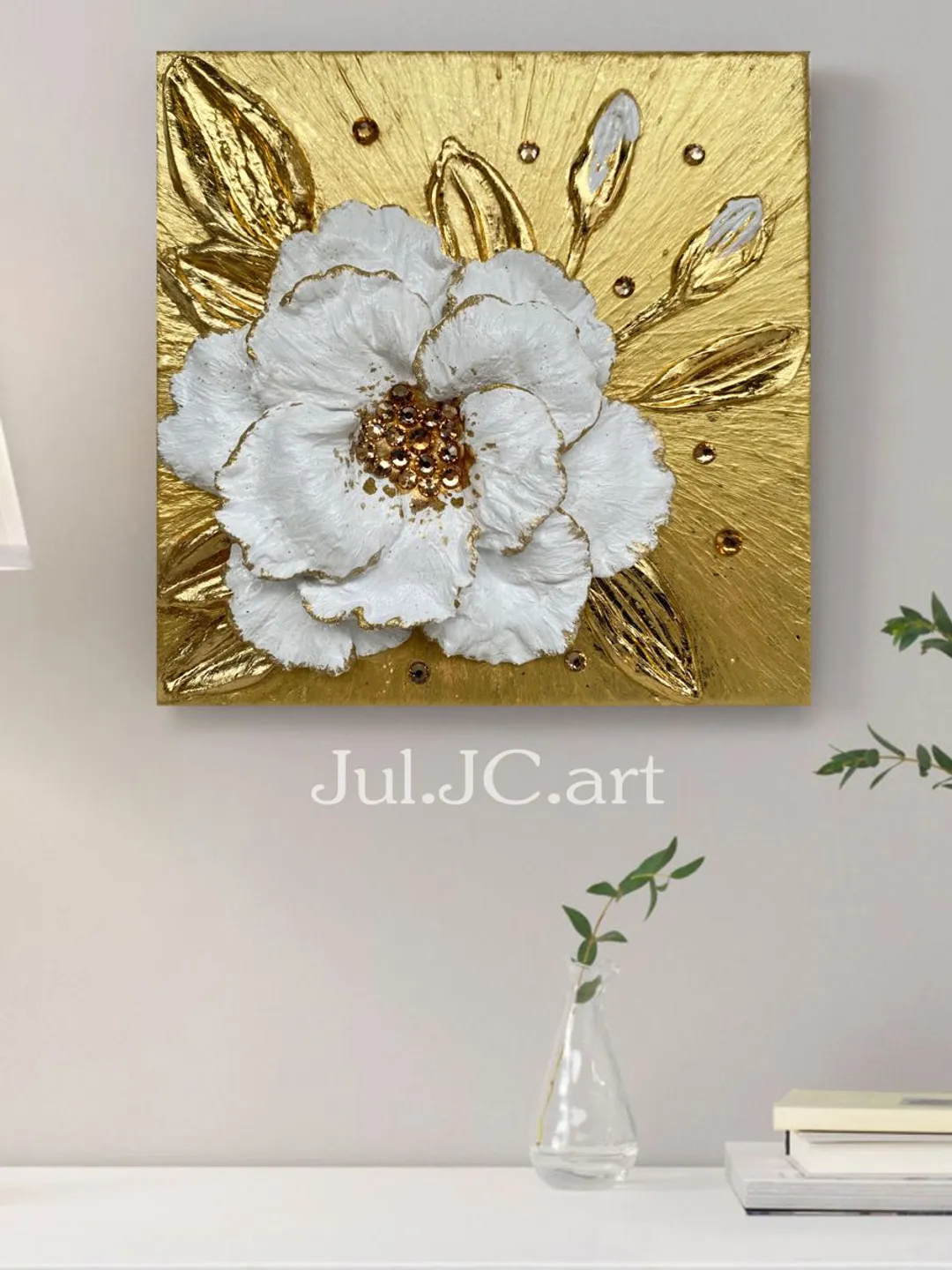 White and Gold Flower art Tea Rose Textured artwork Floral painting by Juliya JC