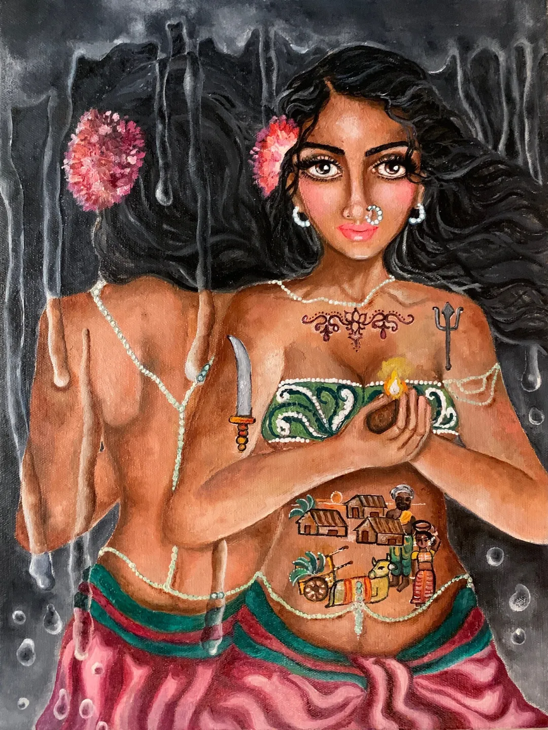 Personalized beautiful ancient hindu goddess of rain handmade painting, quality print wall fine art, colorful  housewarming gift home decor