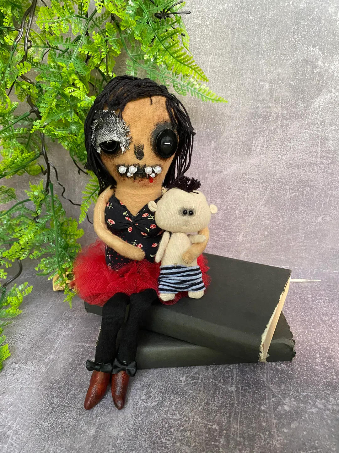 zombie family mother and son. handmade cloth dolls