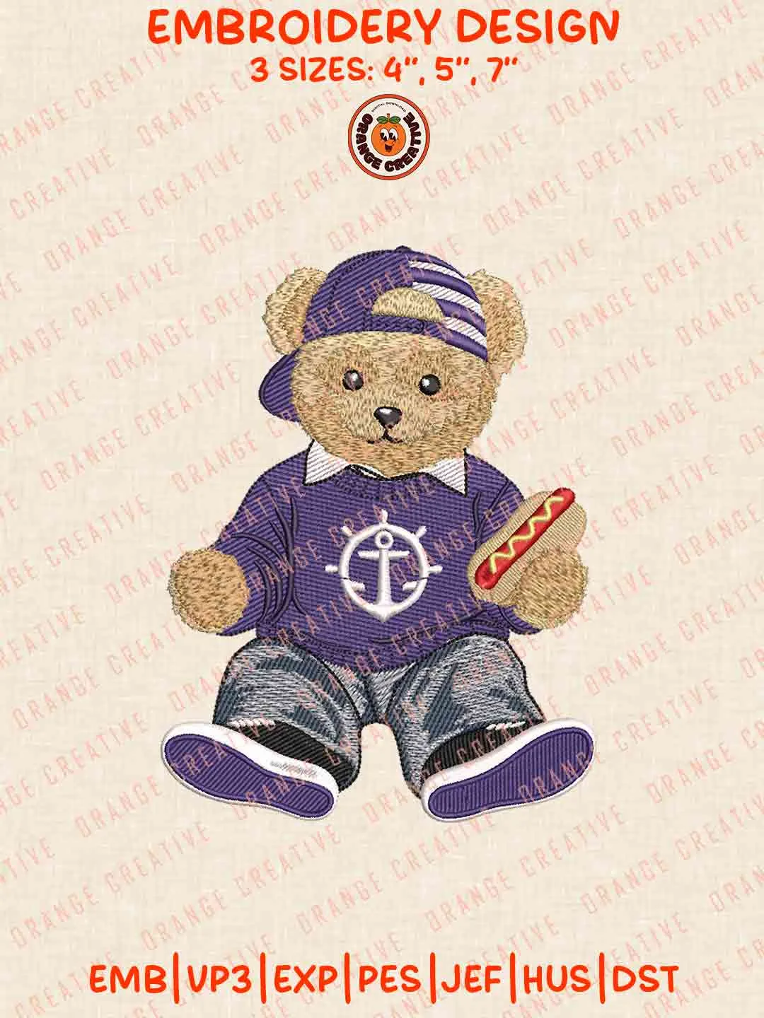 Portland Pilot Bear With Hot Dog Embroidery Design Files, Football Embroidery Designs, Sport Machine Embroidery Files, 3 Sizes, Custom Sizes, Instant Download