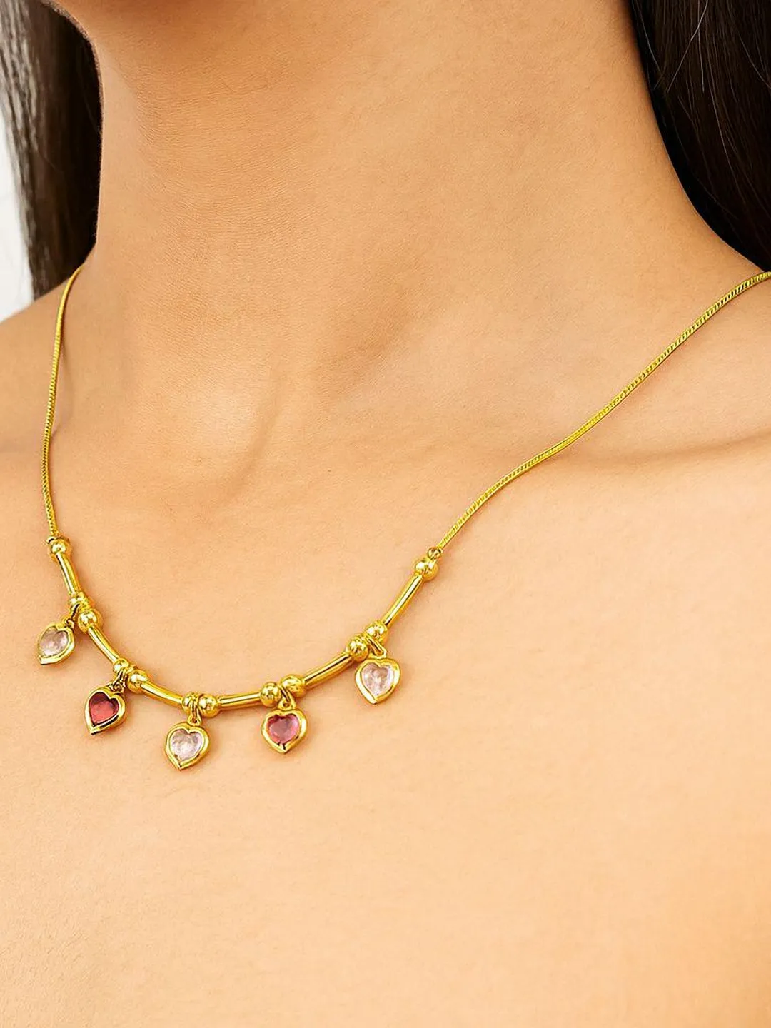 Gold Heart Charm Station Necklace | Dainty Pink Crystal Boho Jewelry | Gift for Her