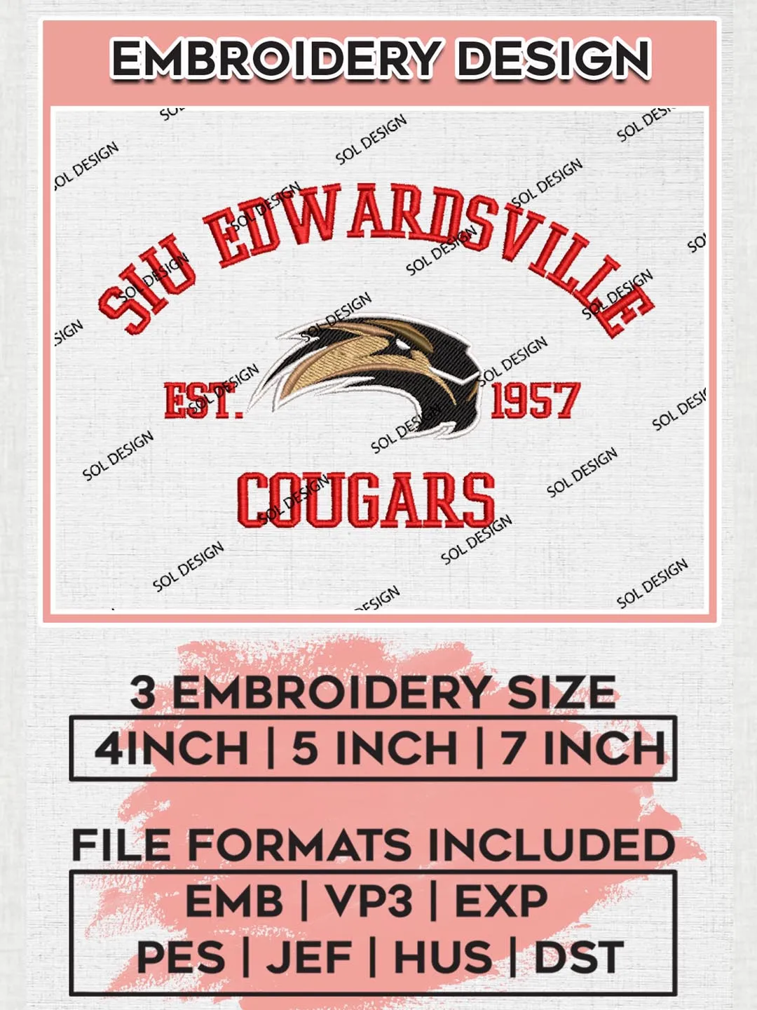 SIU Edwardsville Cougars Est 1957 Embroidery Designs, NCAA SIU Edwardsville Cougars Team Embroidery, NCAA Team Logo, 3 sizes, Machine embroidery Files, Digital Download