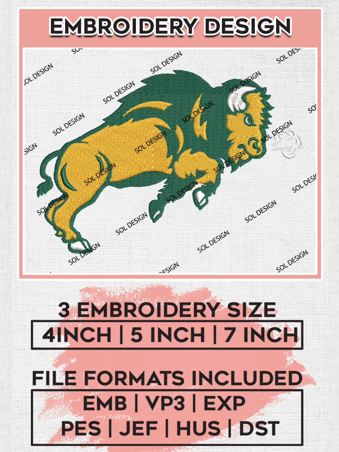 North Dakota State Bison Football Team Mascot Logo Embroidery Design Files, NCAA North Dakota State Bison Machine Embroidery, NCAA Teams, Game Day, 3 sizes, NCAA Machine embroidery designs, Digital Download