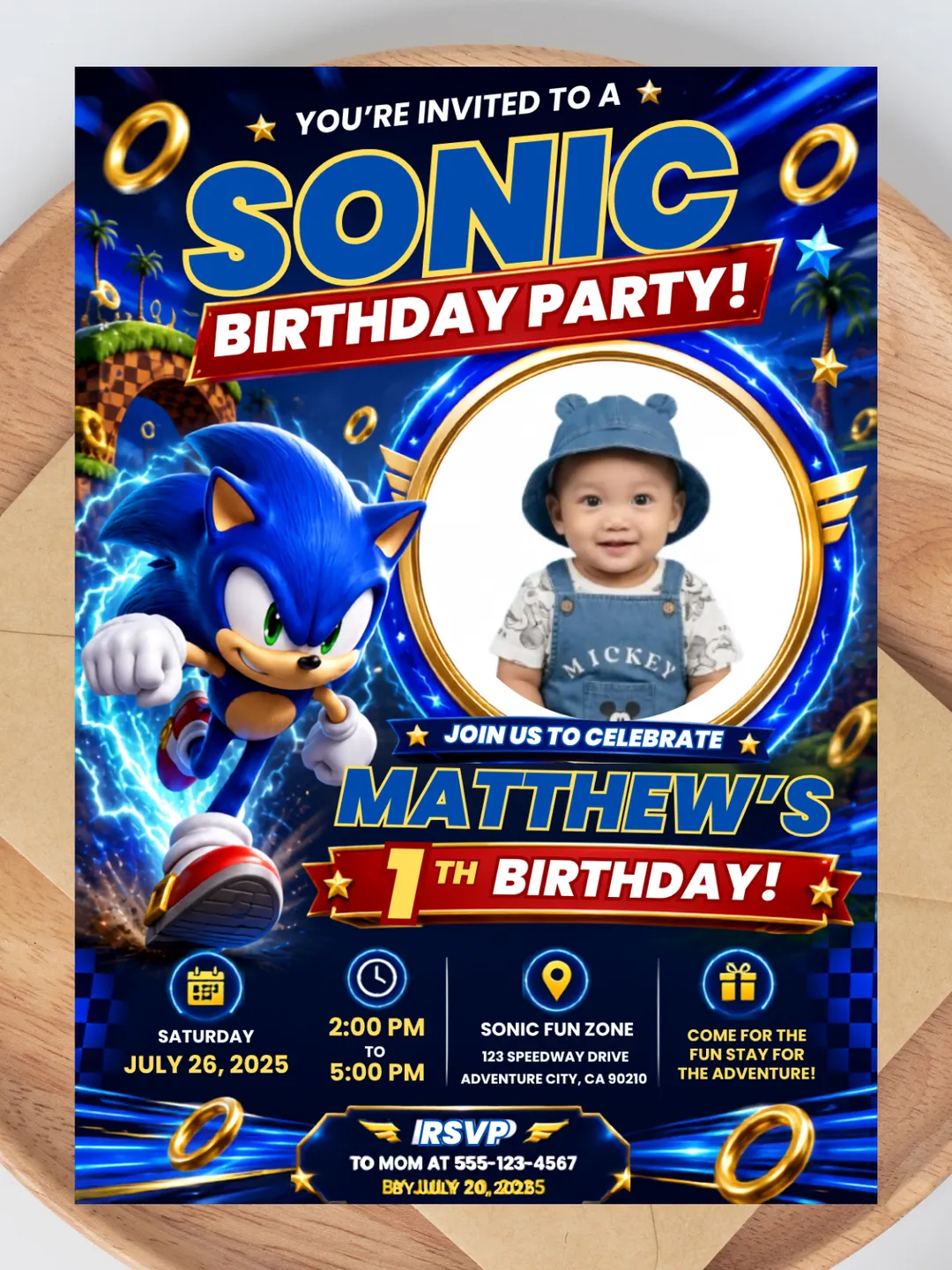 Editable Sonic 1st Birthday Invitation Template, Photo Birthday Invite, Sonic Party Invitation, Printable Canva Template, Kids First Birthday Invitation, Digital Download, 5x7 Invite