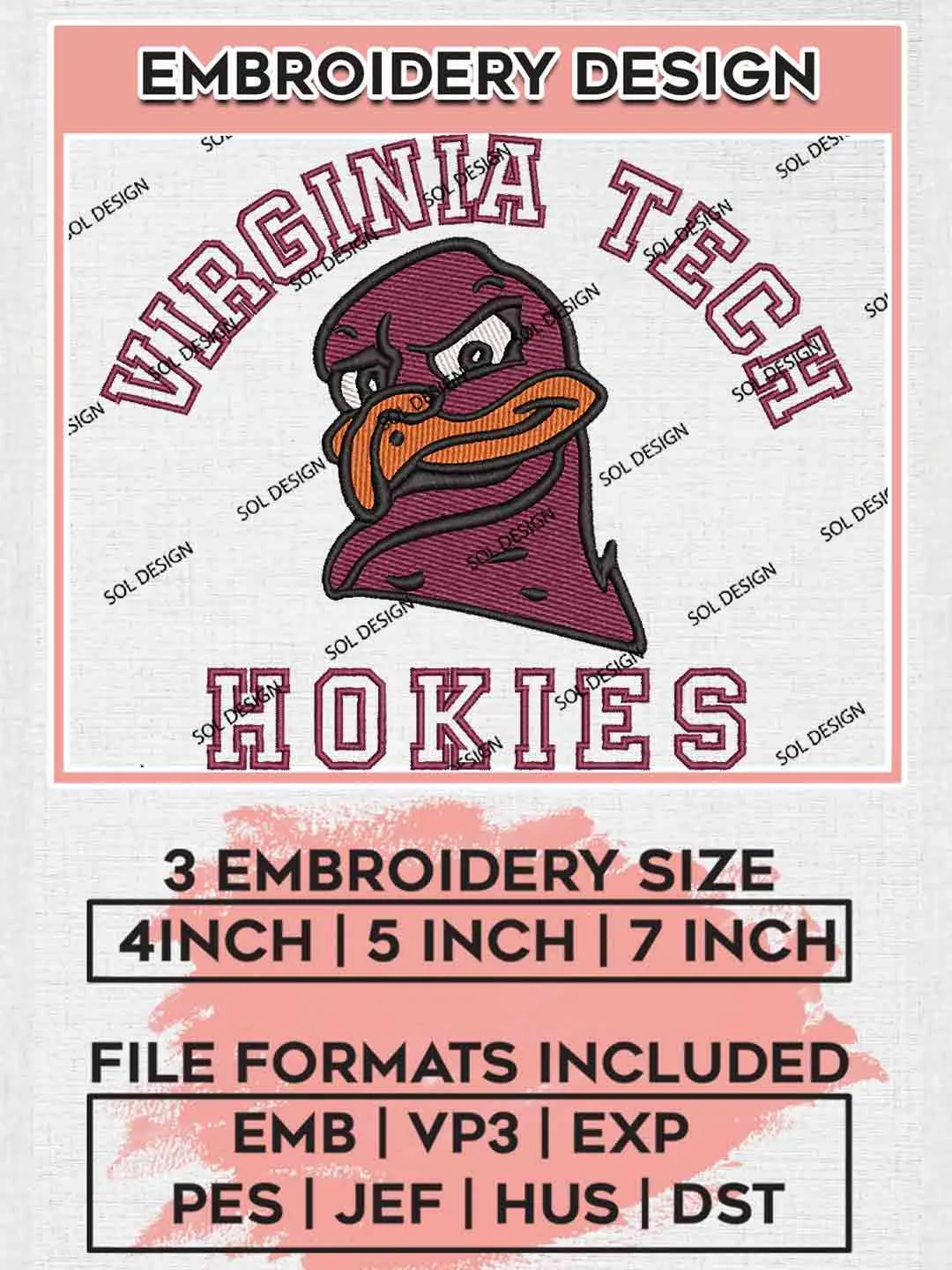 NCAA Virginia Tech Hokies Logo Embroidery Designs, NCAA Logo Embroidery files, NCAA Team, College Rugby Team Machine embroidery designs, Digital Download