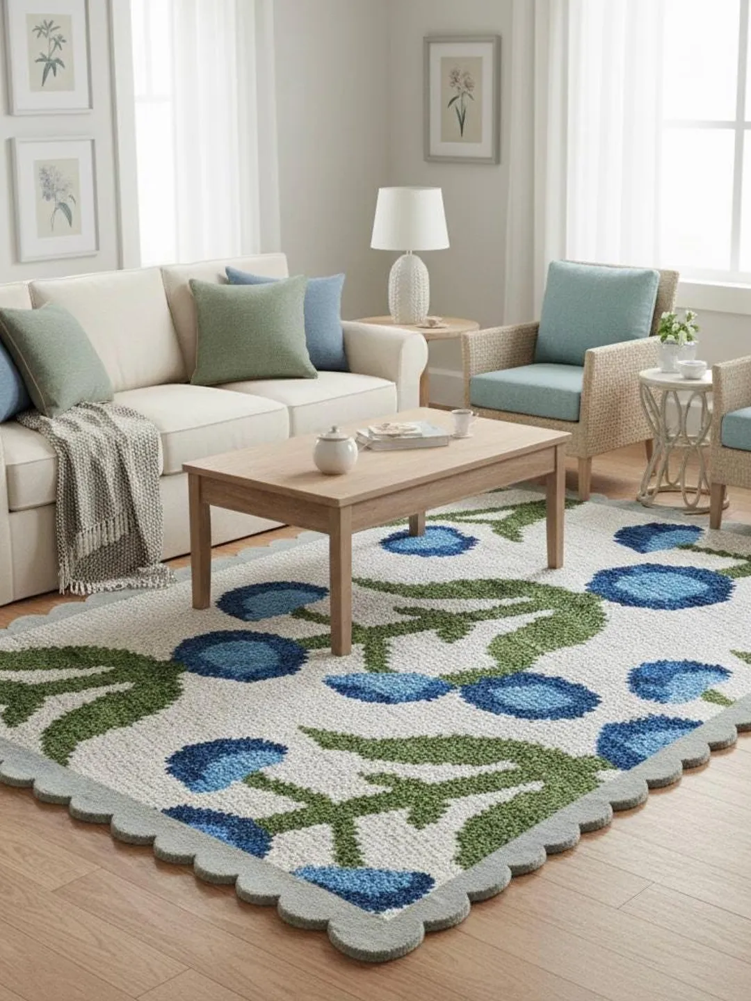 Hand Knotted Floral Wool Rug, Blue Botanical Area Rug