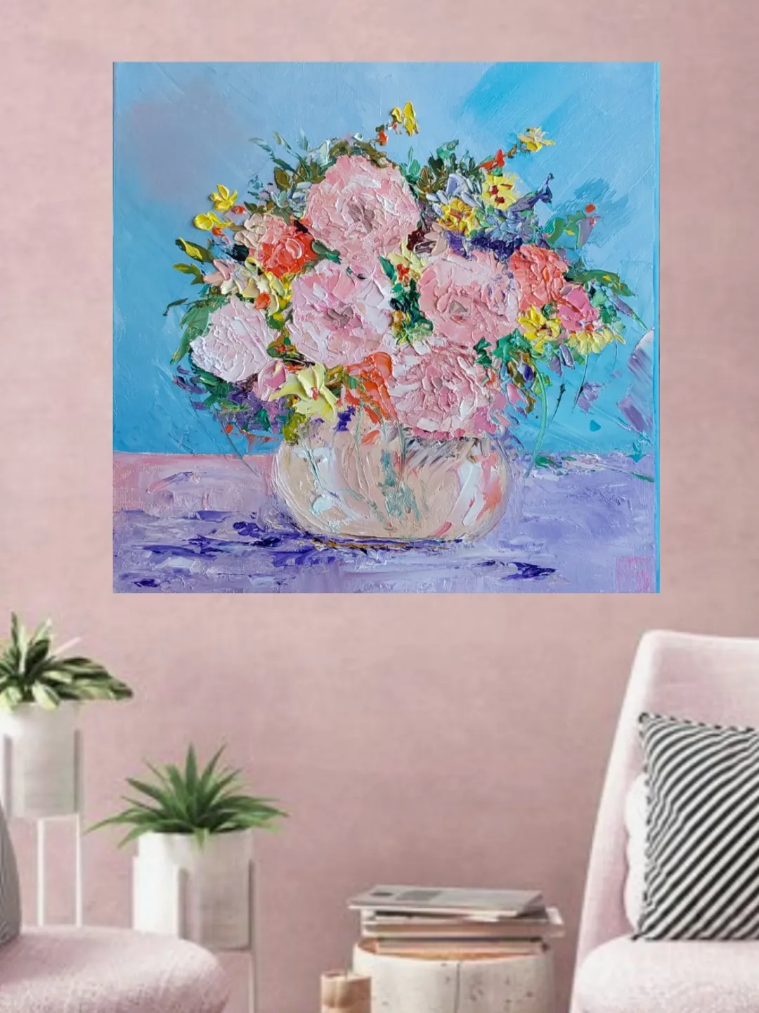 Flowers bouquet Size  30х30 cm (12x12 inch) My original painting Oil Palette knife impasto Canvas on a stretcher.