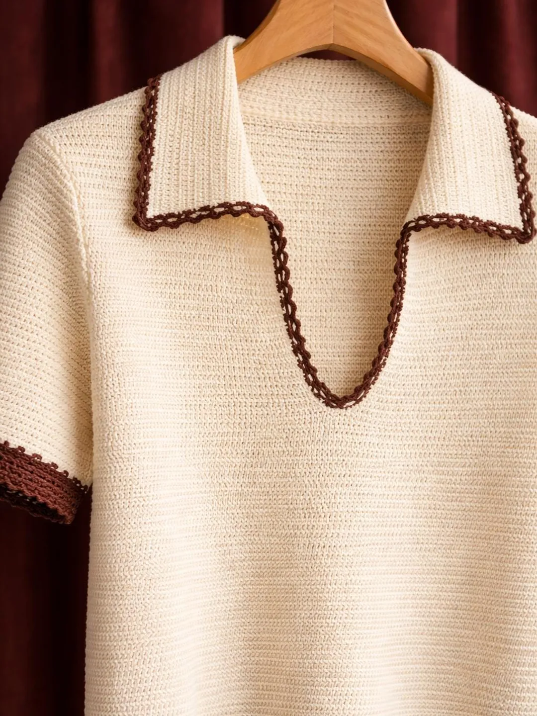 Luxury Cream Knit Polo Top, Brown Crochet Trim Collar Shirt, Retro