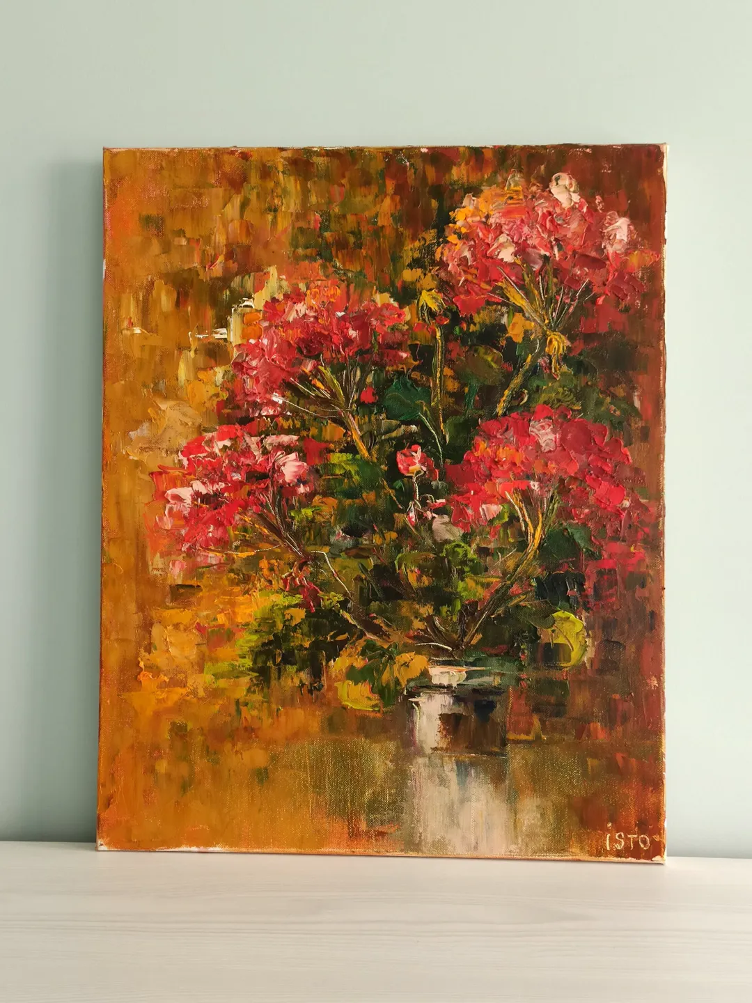 Red flowers on canvas. Textured oil strokes. An original modern painting in a single copy for the interior.