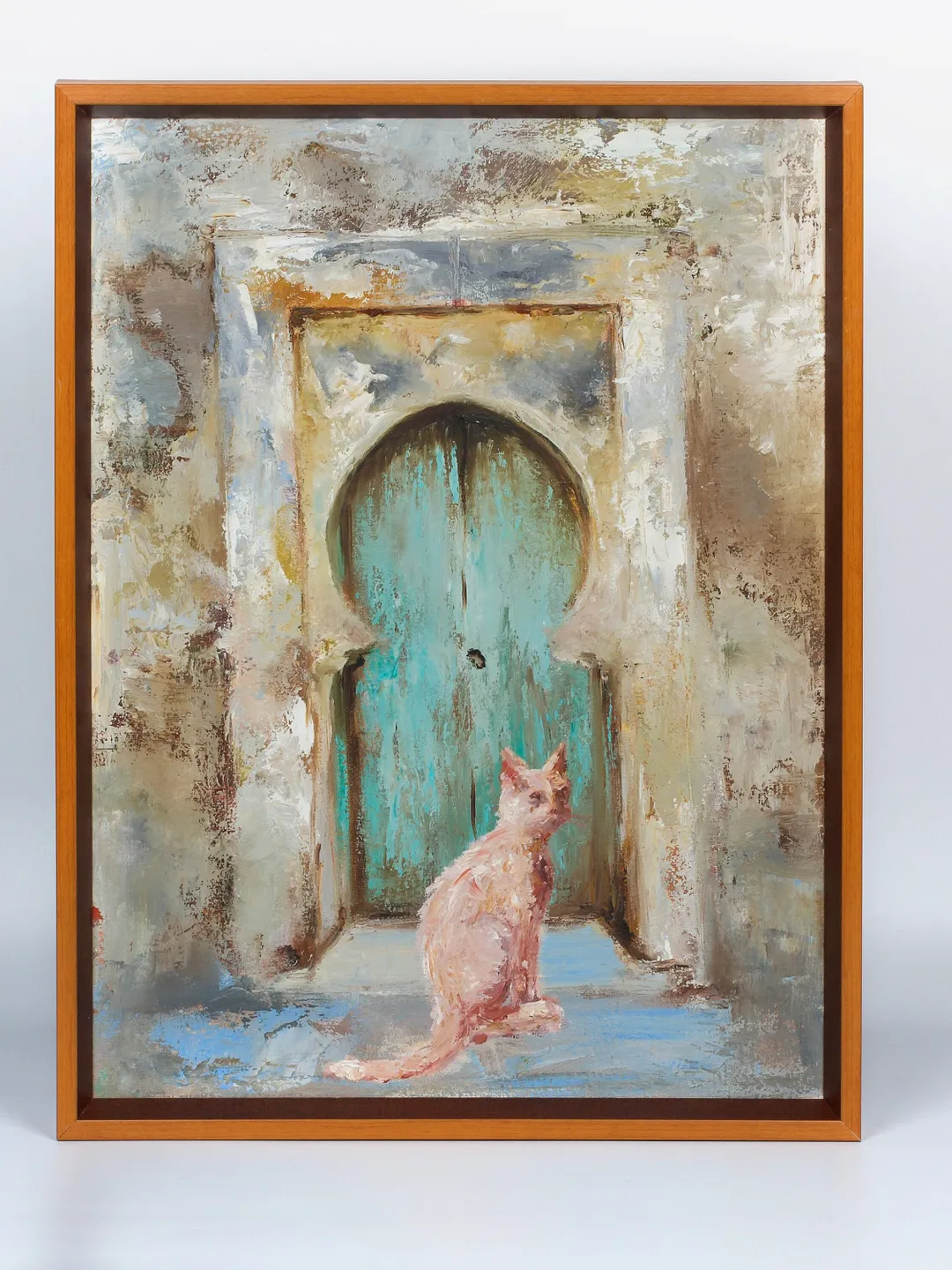 The cat in the oil painting to decorate the walls of the house. This picture is reminiscent of children's fairy tales.