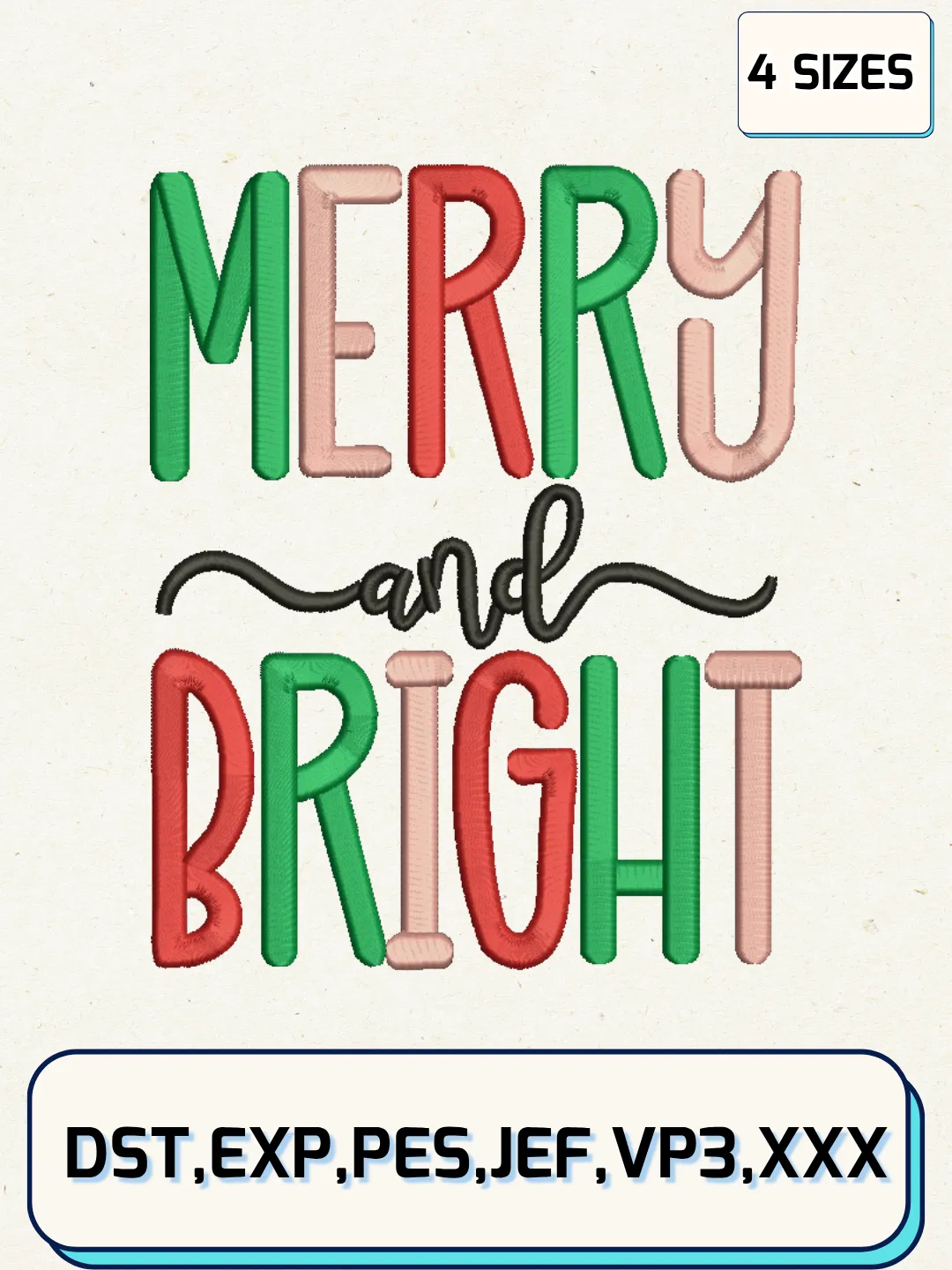 Merry and Bright Christmas Embroidery Designs,Christmas Embroidery Designs,Machine Embroidery Files,4 Sizes