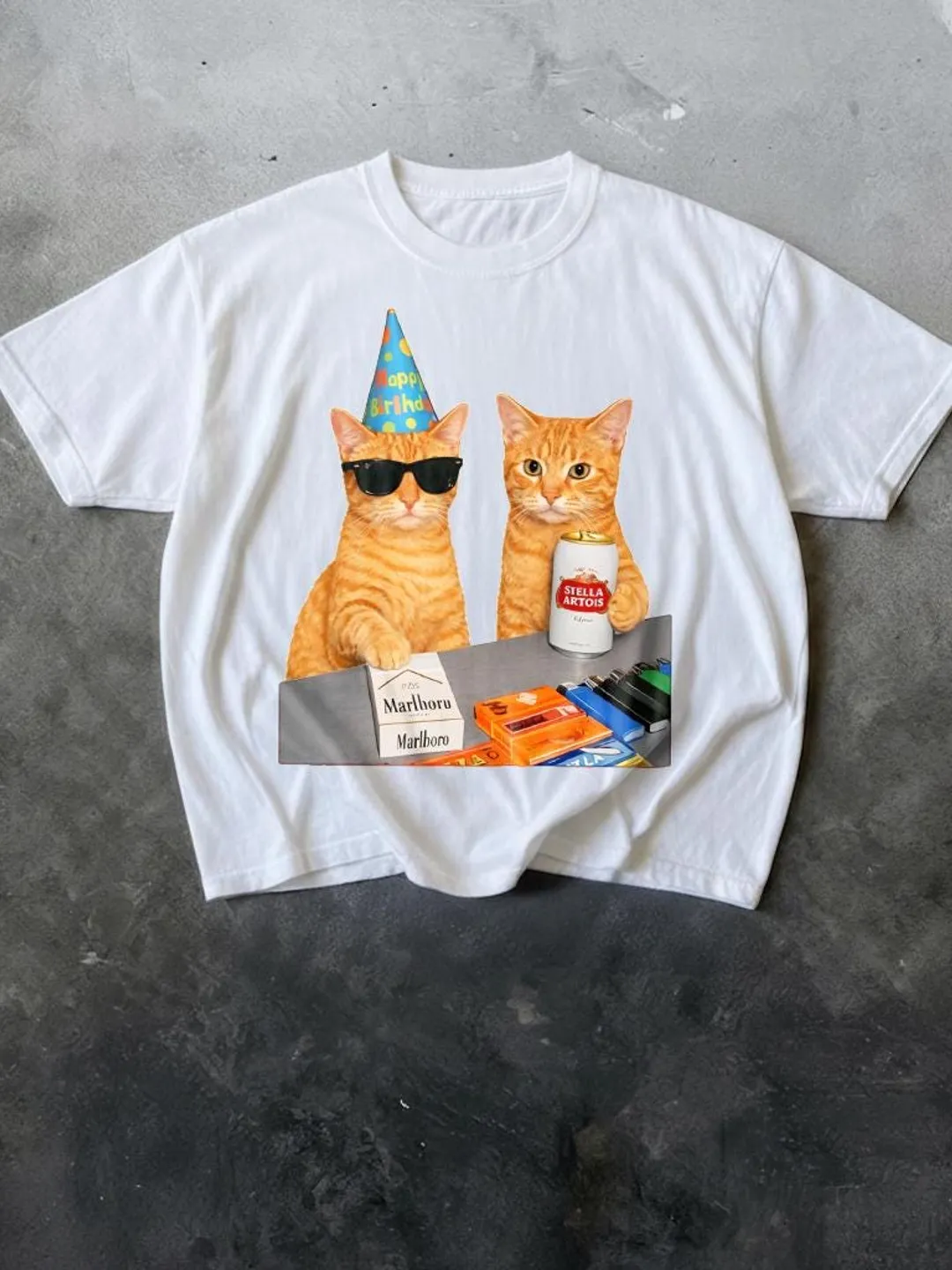 Funny Birthday Cats T-Shirt, Orange Tabby Party Graphic Tee, Retro Cat Lover Shirt