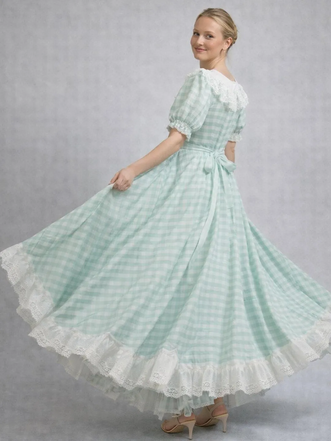 light green plaid dress Size M Vintage Maxi Sleeve Evening Gown Retro Formal Dress Classic Style Womens\Clothing\Dresses