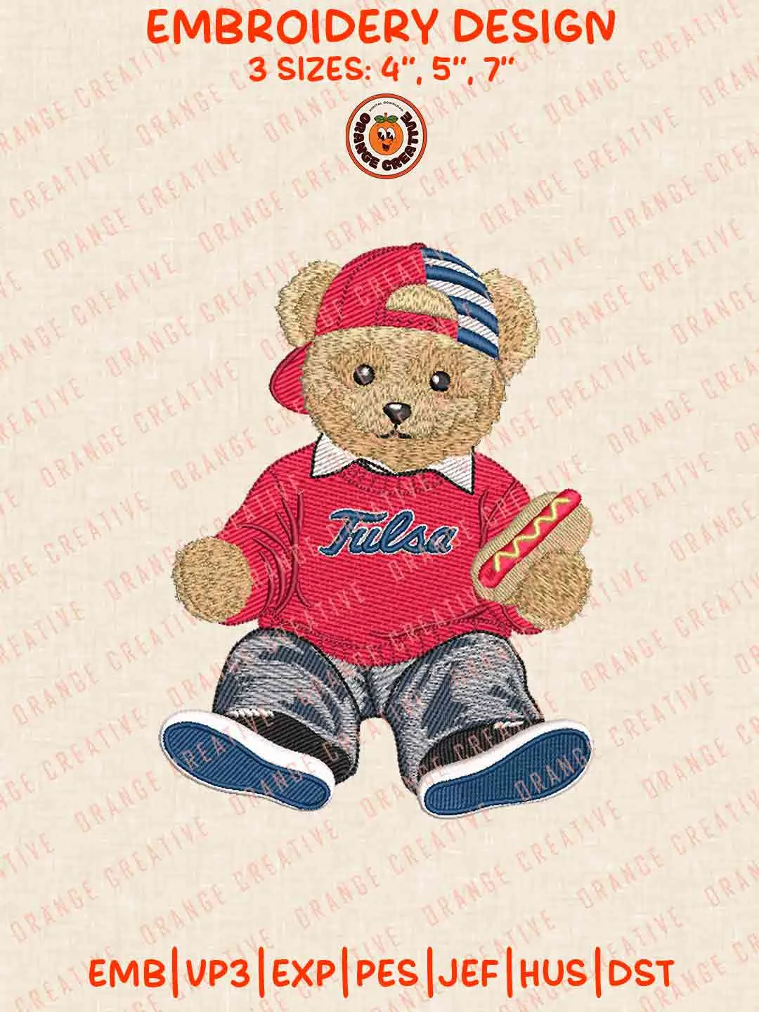 Tulsa Golden Hurricane Teddy Bear Logo Embroidery Design, NCAA Tulsa Golden Hurricane Team Machine Embroidery Digitized Pes File, 4 Sizes, Custom Size, Instant Download